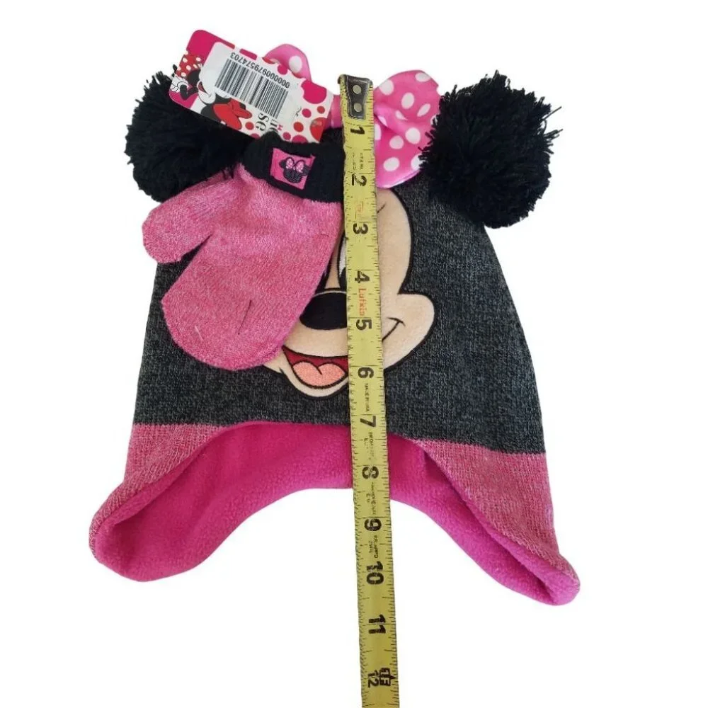 Disney Minnie Mouse Girls Double Pom Winter Hat Mittens Set Toddler OSFM 2T-4T